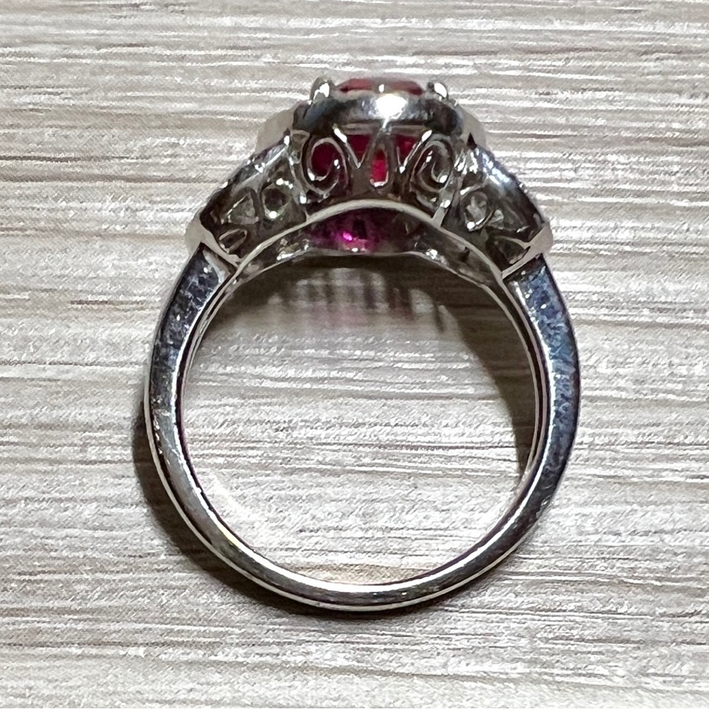 Designer Signed FE Sterling Silver Red & Clear Cubic Zirconia Halo Ring, Size 7 - Picture 7 of 11